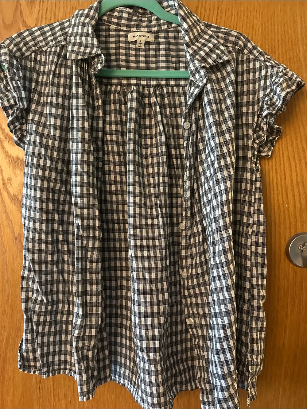 Max Studio Black & White Gingham Short-Sleeve Button Front Top Ruffle Sleeves